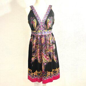 ECI Sleeveless Silky Dress, V-neck, Tie-Back, Side Zip, Size 12, COLORFUL!